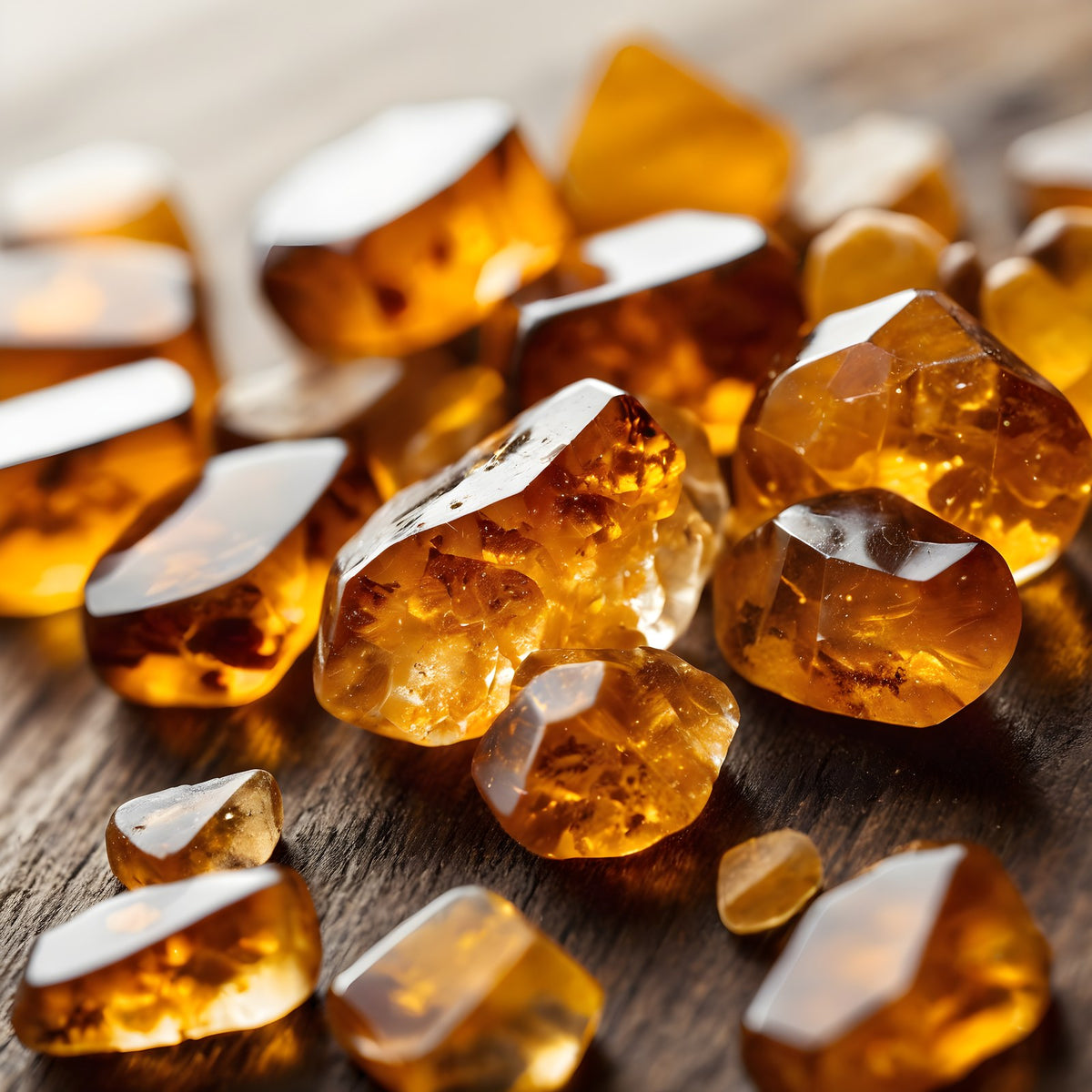 Amber resin pieces catching warm light, for the Amber and Spice scent family