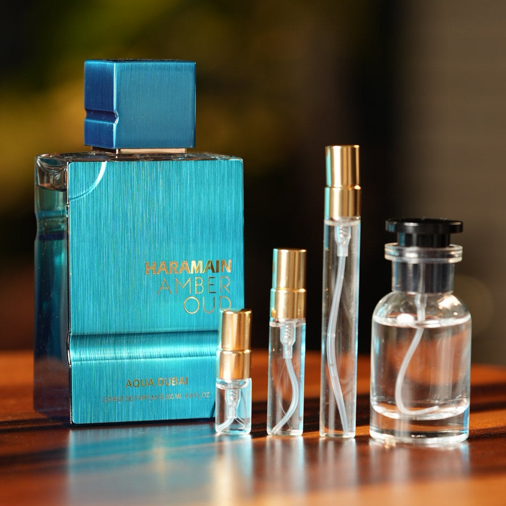 al-haramain-amber-oud-aqua-dubai decant bottle and vials
