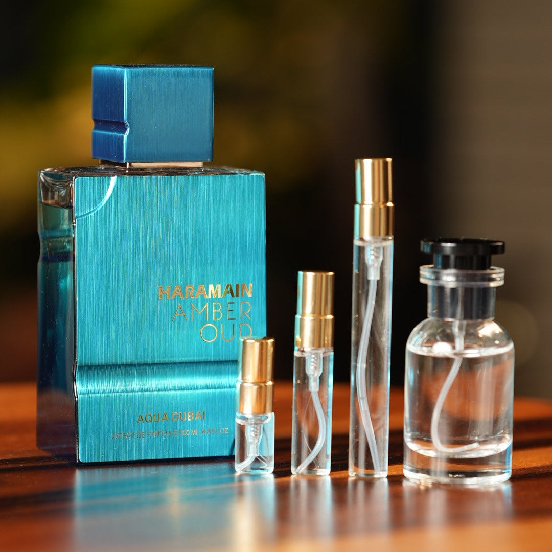 al-haramain-amber-oud-aqua-dubai decant bottle and vials