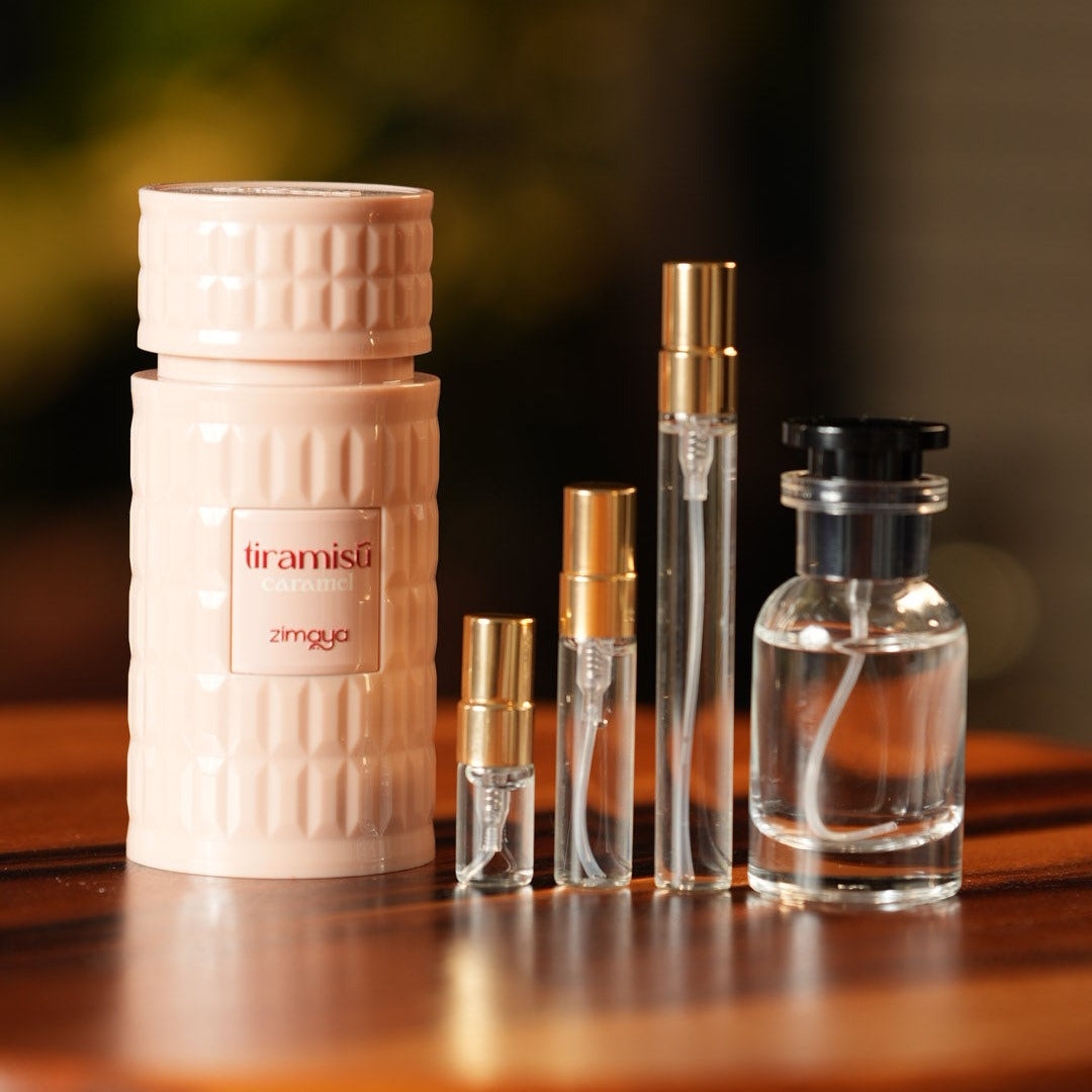 afnan-zimaya-tiramisu-caramel decant bottle and vials