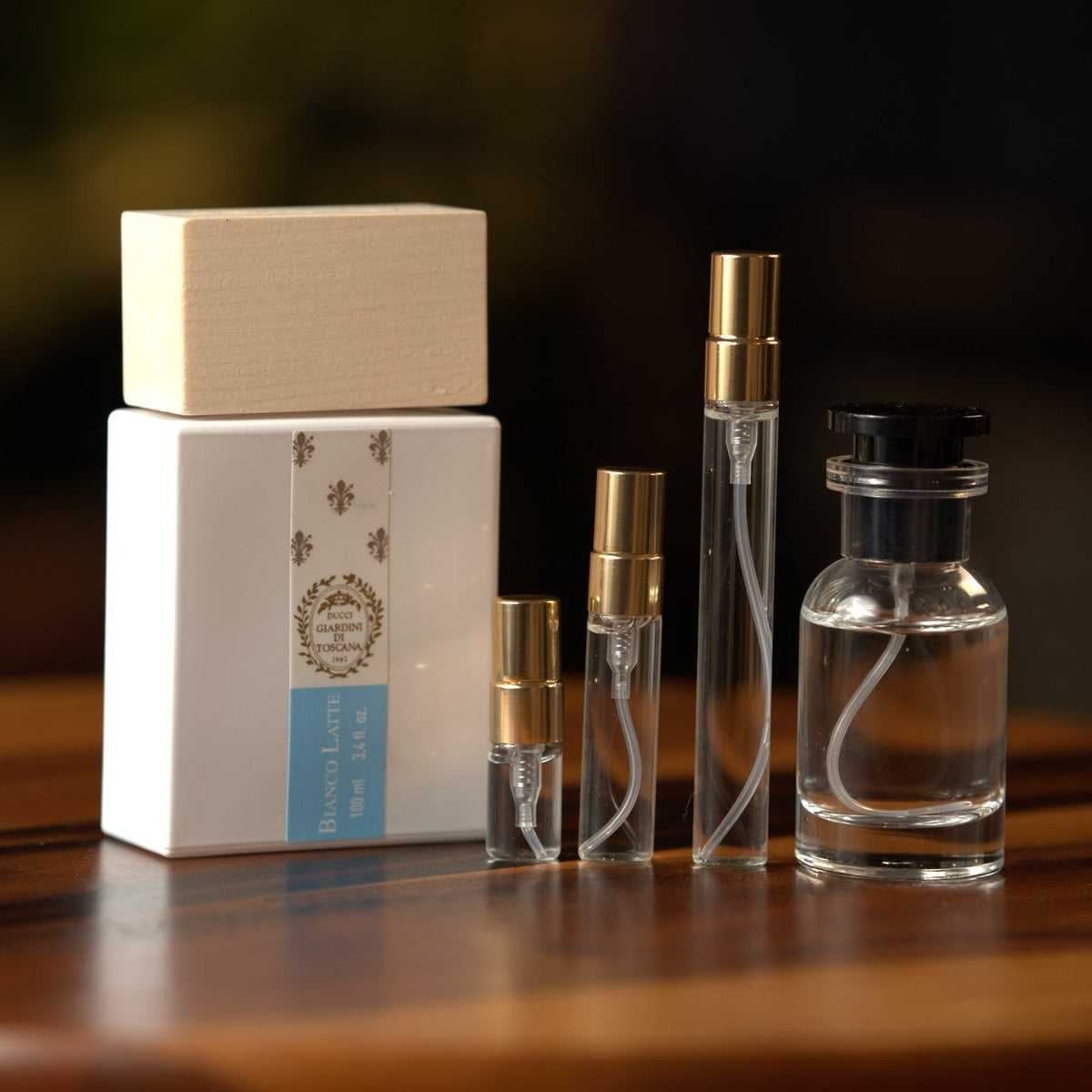 giardini-di-toscana-bianco-latte decant bottle and vials