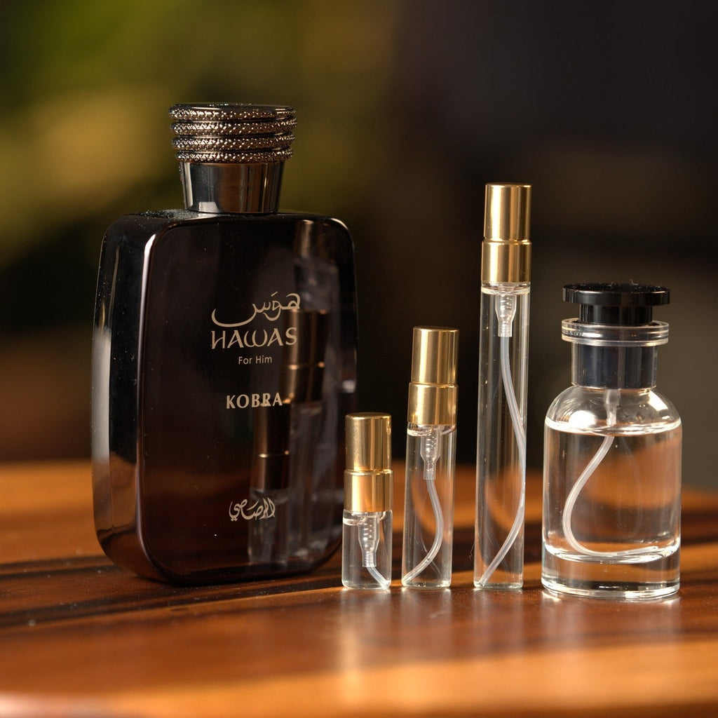 rasasi-hawas-kobra decant bottle and vials