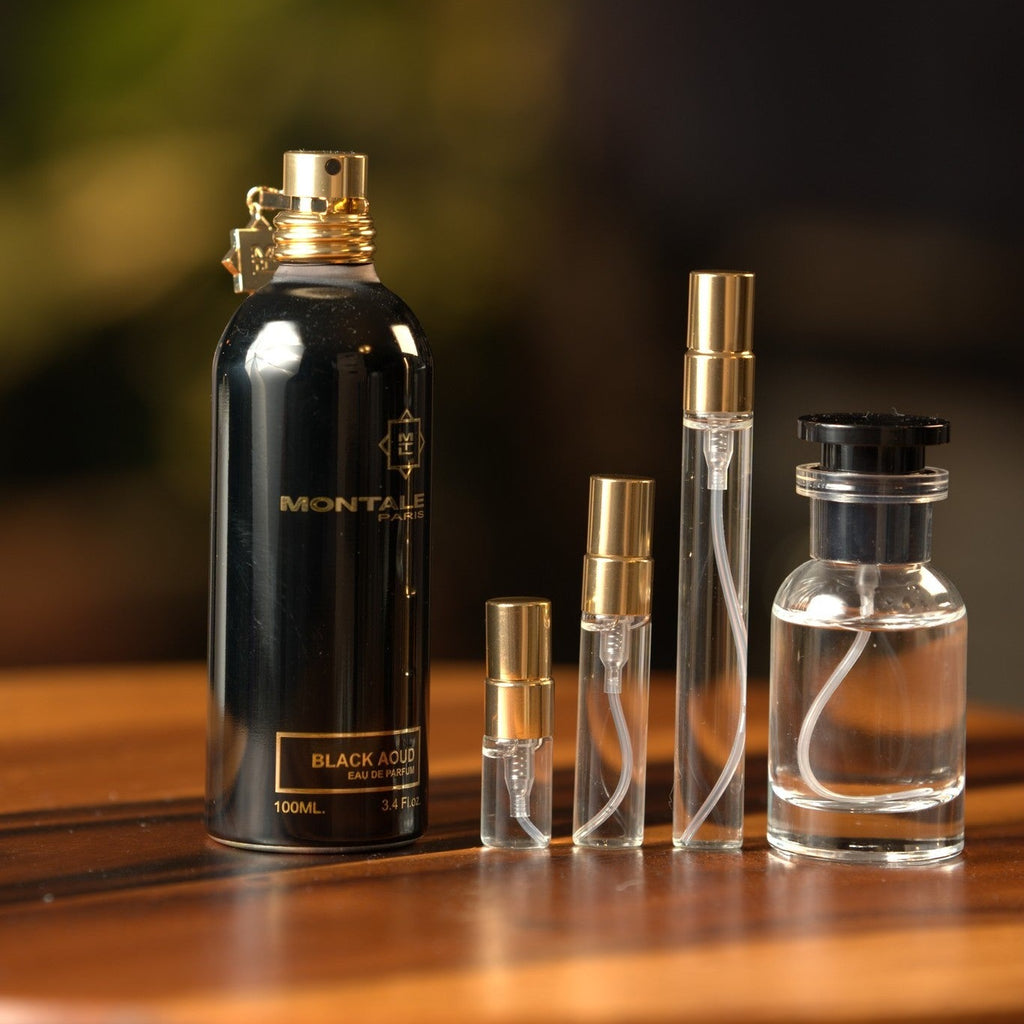 montale-black-aoud decant bottle and vials