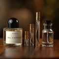 Byredo Bal d'Afrique EDP decant: full bottle beside 2 ml, 5 ml and 10 ml Atelier Elemental vials