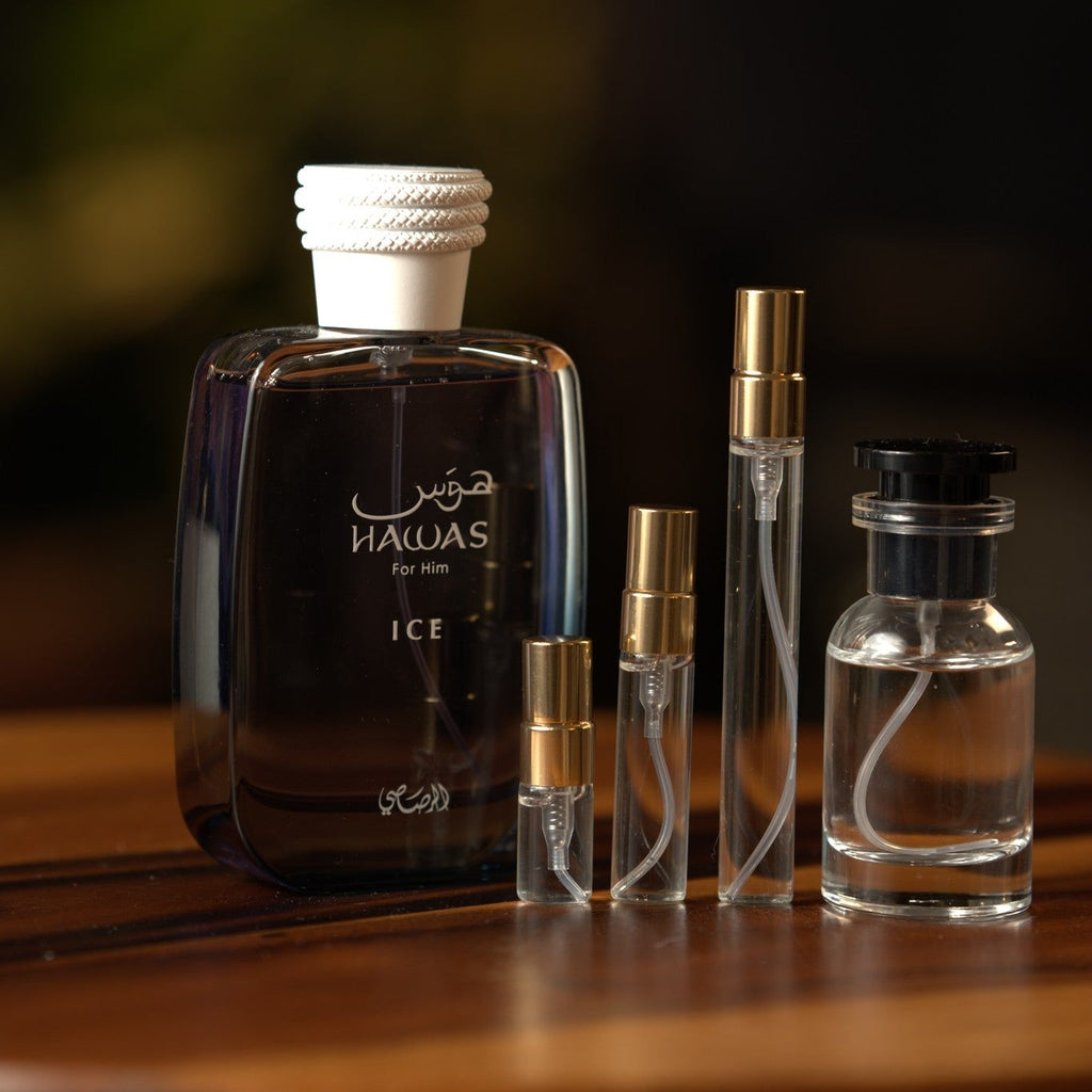 rasasi-hawas-ice decant bottle and vials