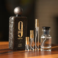 Afnan 9pm Night Out bottle with Atelier Elemental decant vials