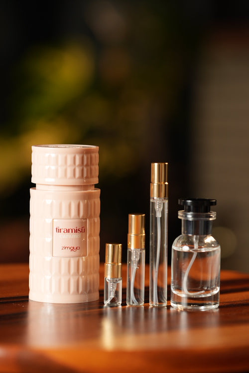 AFNAN ZIMAYA TIRAMISU CARAMEL bottle and decant vials