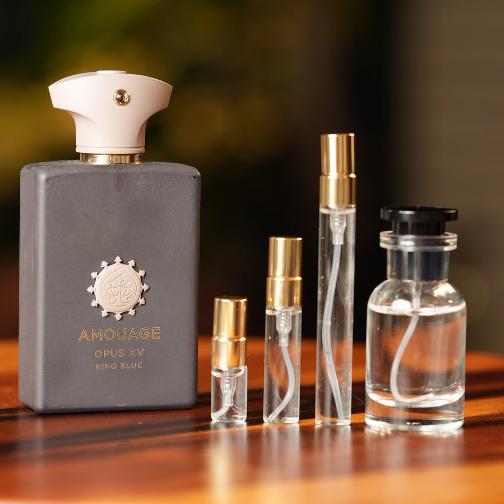 Amouage Opus XV King Blue bottle with 2ml, 5ml, 10ml, and 30ml decant vials - Atelier Elemental