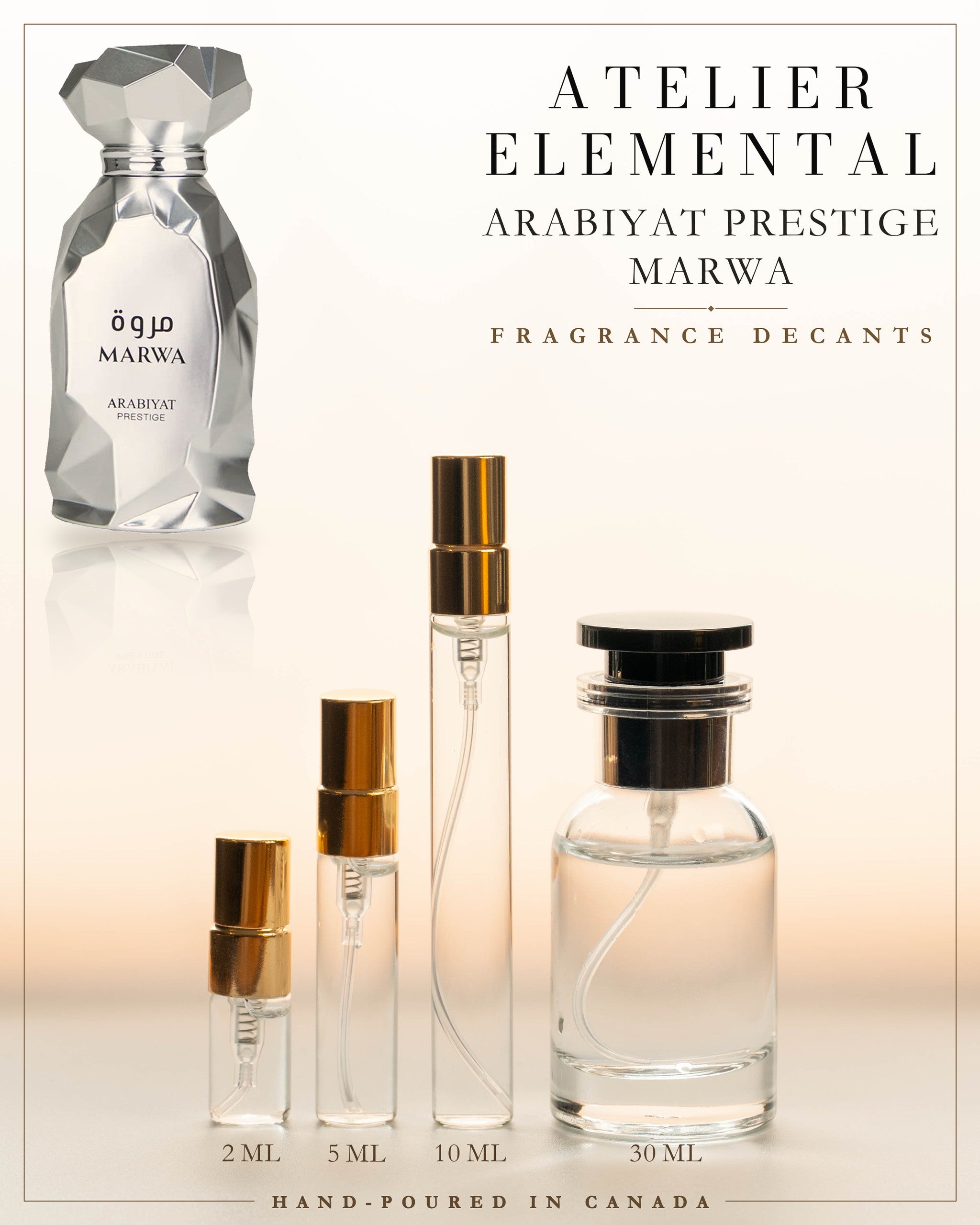 Atelier Elemental decant card - Arabiyat Prestige Marwa in 2ml 5ml 10ml 30ml sizes