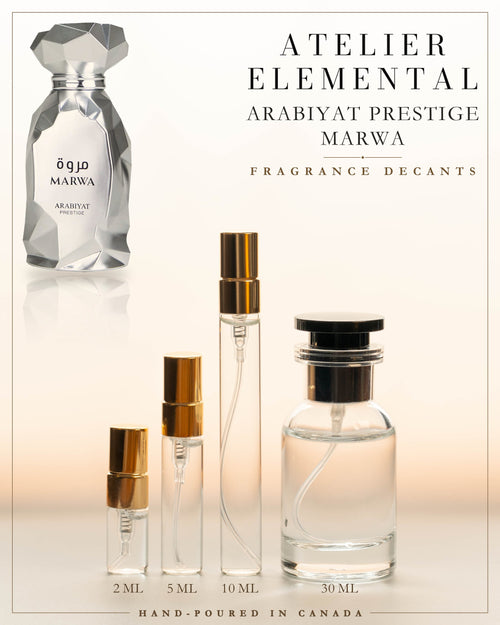 Atelier Elemental decant card - Arabiyat Prestige Marwa in 2ml 5ml 10ml 30ml sizes