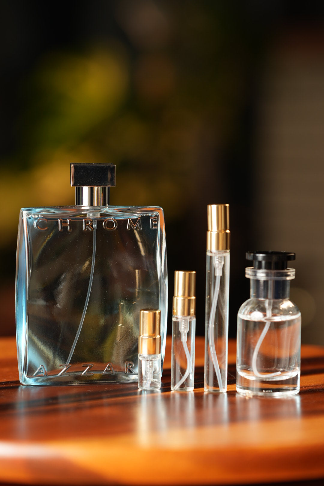 AZZARO CHROME EDT bottle and decant vials
