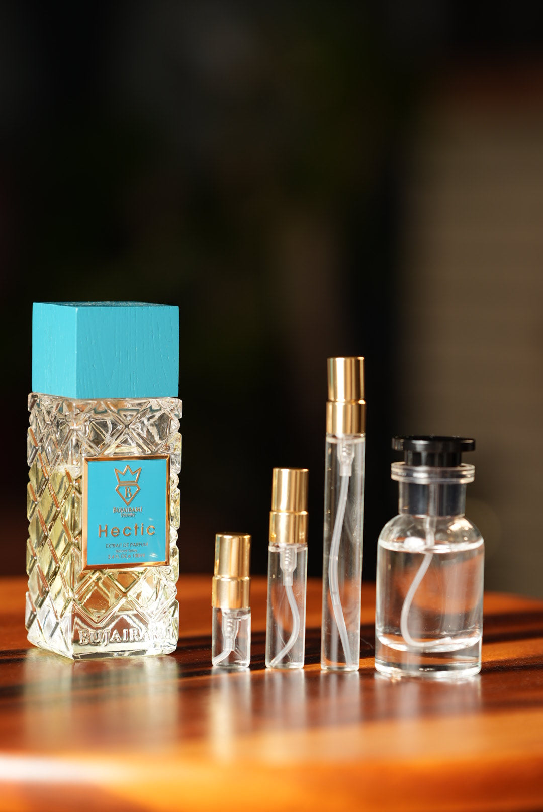 BUJAIRAMI HECTIC EXTRAIT bottle and decant vials