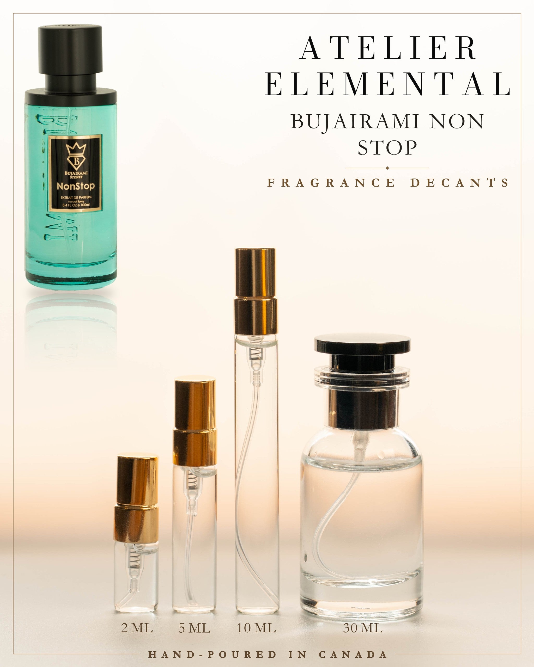 Atelier Elemental decant card - Bujairami Non Stop Extrait in 2ml 5ml 10ml 30ml sizes