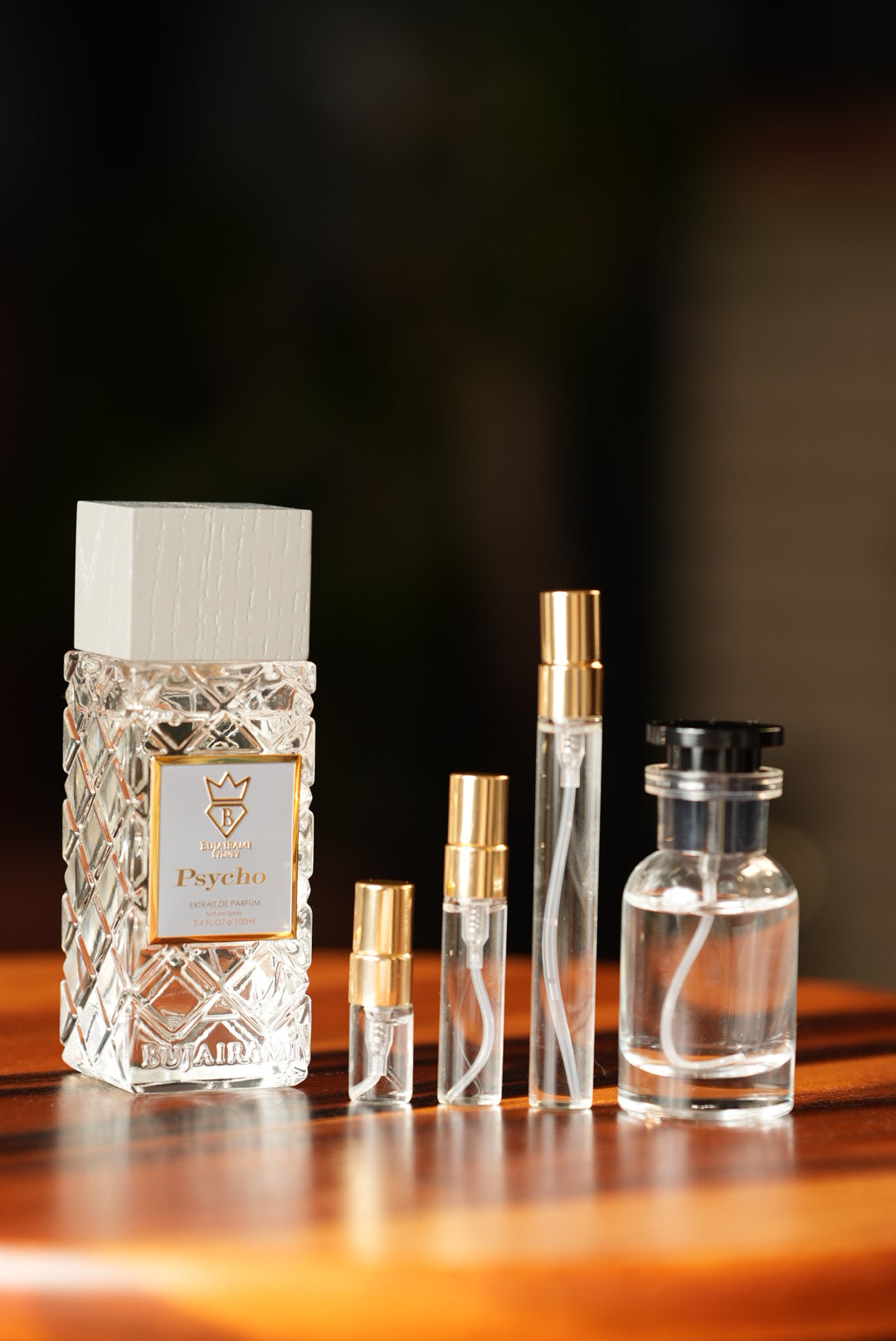 BUJAIRAMI PSYCHO EXTRAIT bottle and decant vials