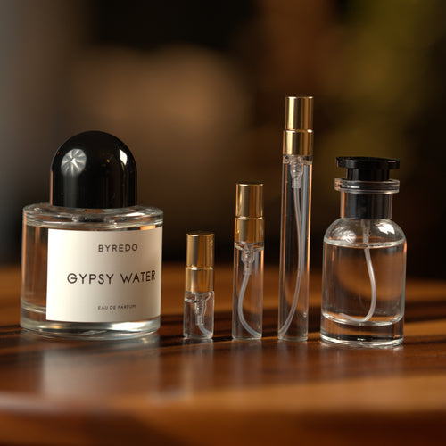 Byredo Gypsy Water bottle with Atelier Elemental decant vials