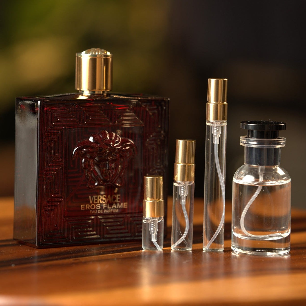 versace-eros-flame decant bottle and vials