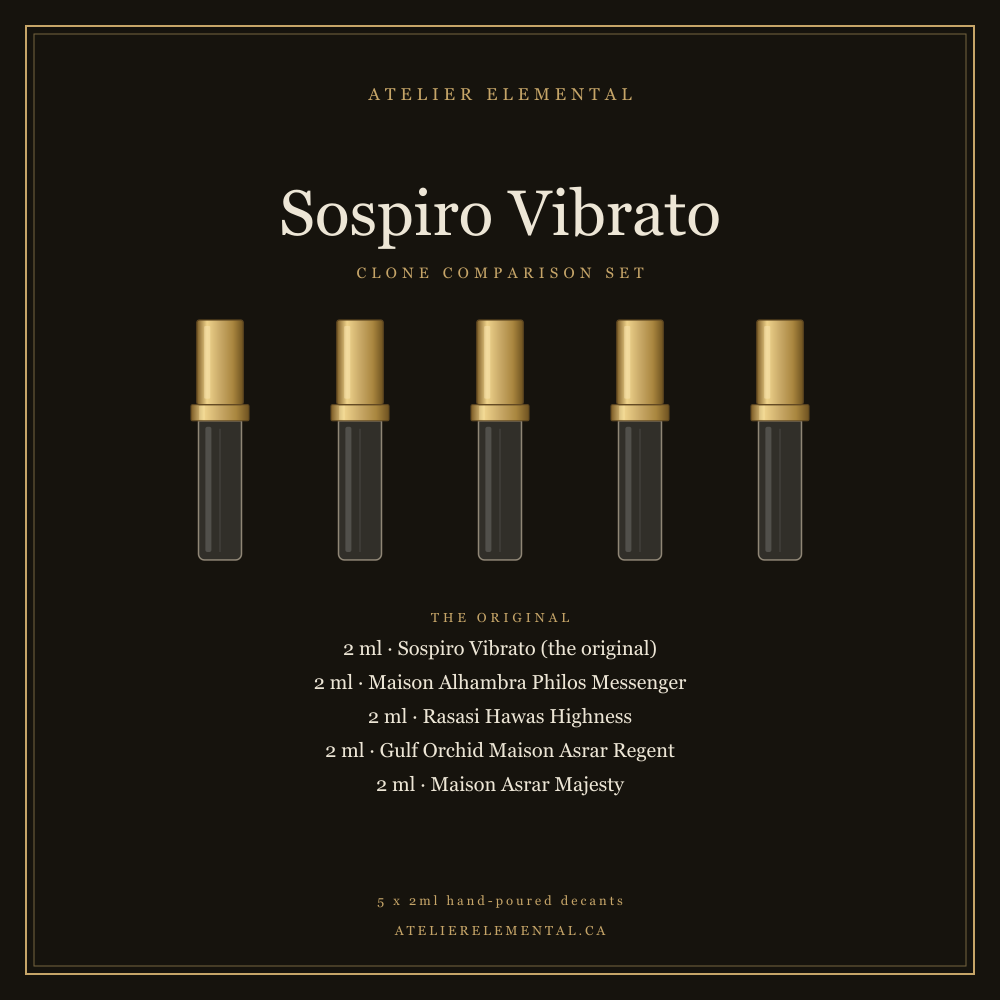 Sospiro Vibrato clone comparison set, five 2ml decants