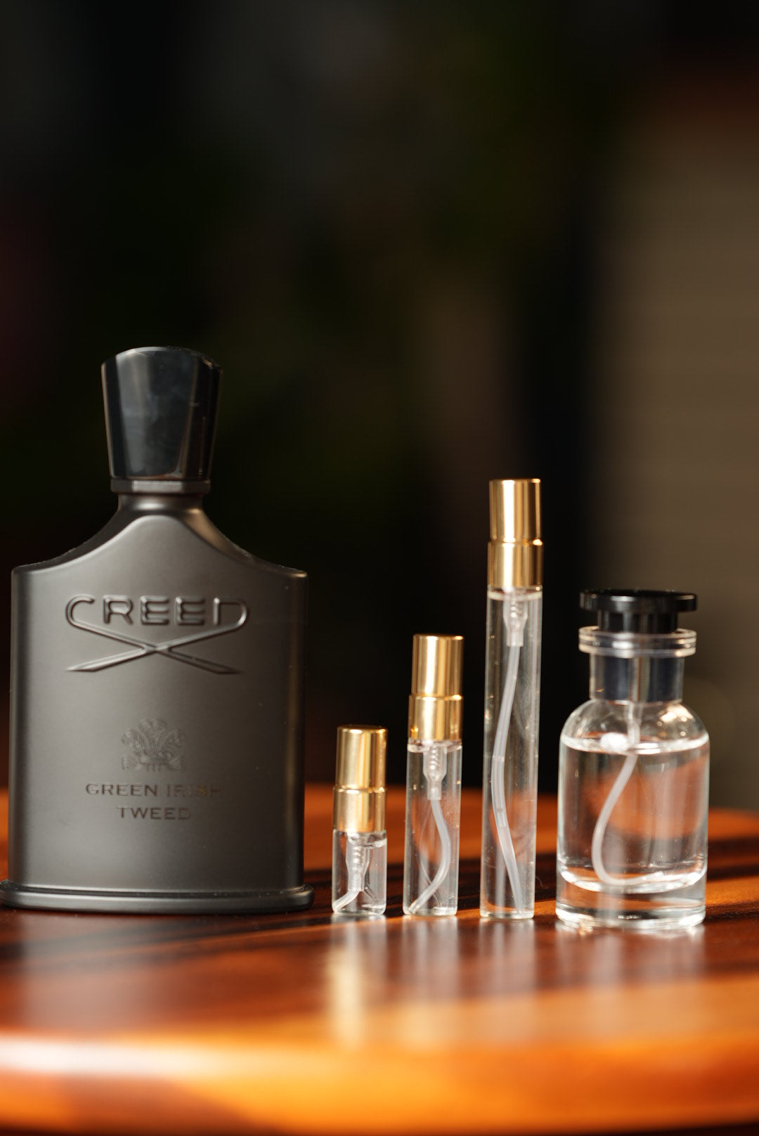 CREED GREEN IRISH TWEED EDP bottle and decant vials