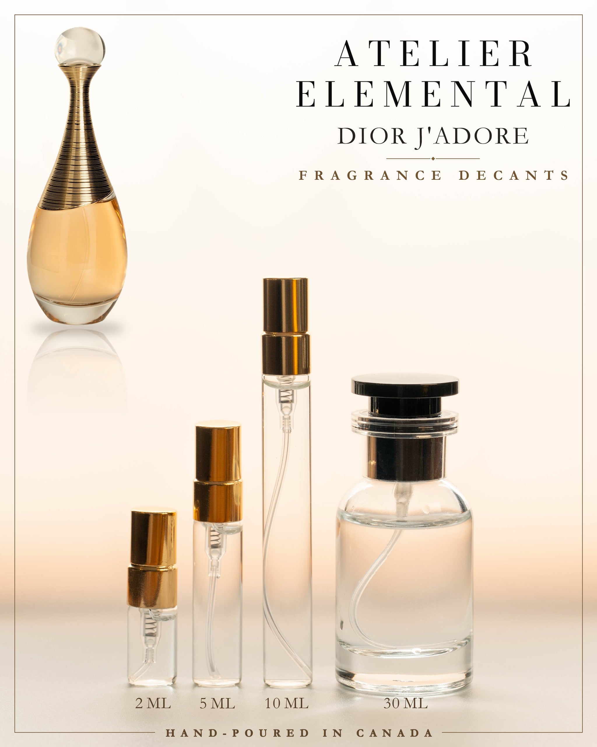 Atelier Elemental decant card - Dior J'Adore in 2ml 5ml 10ml 30ml sizes