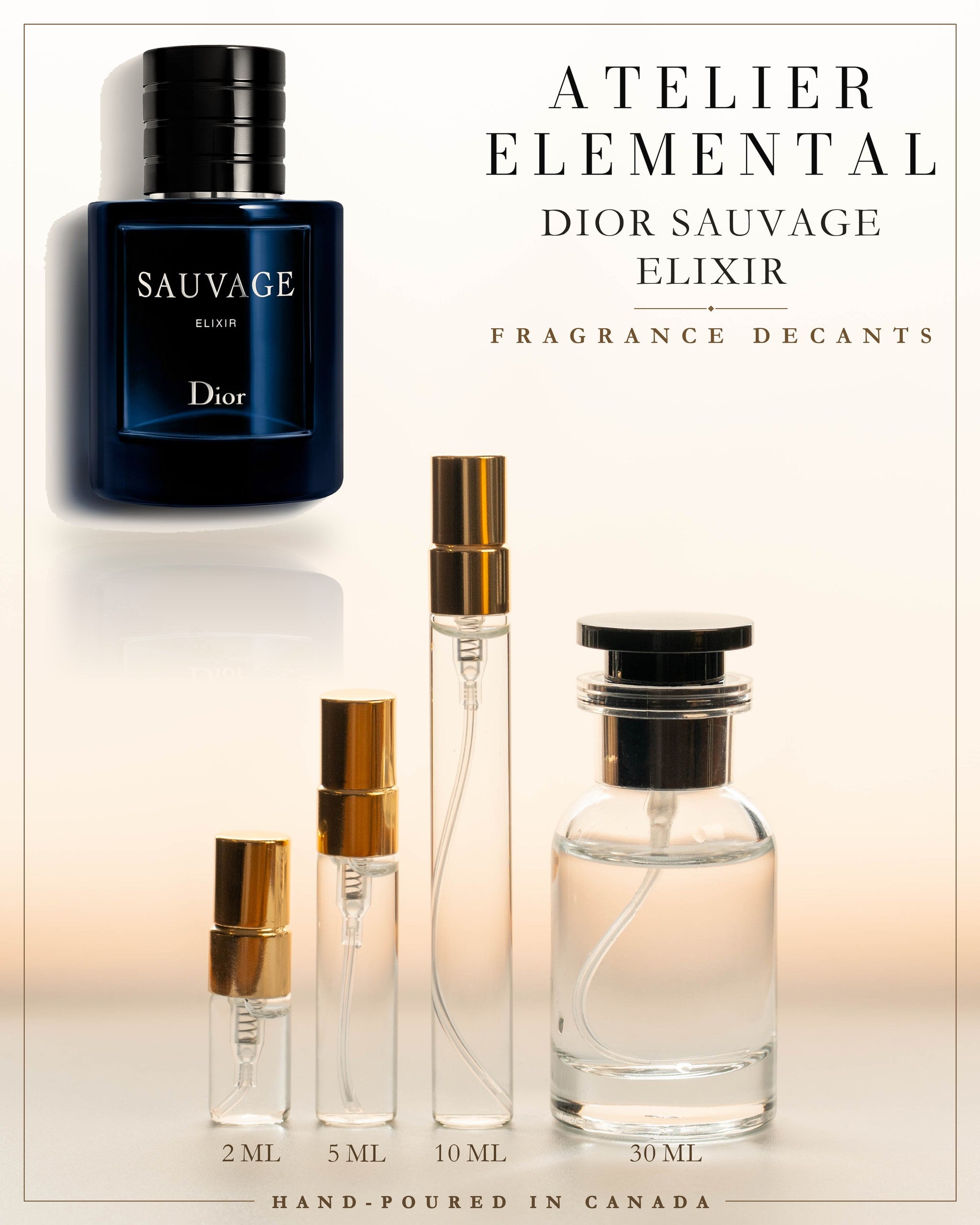 Atelier Elemental decant card - Dior Sauvage Elixir in 2ml 5ml 10ml 30ml sizes