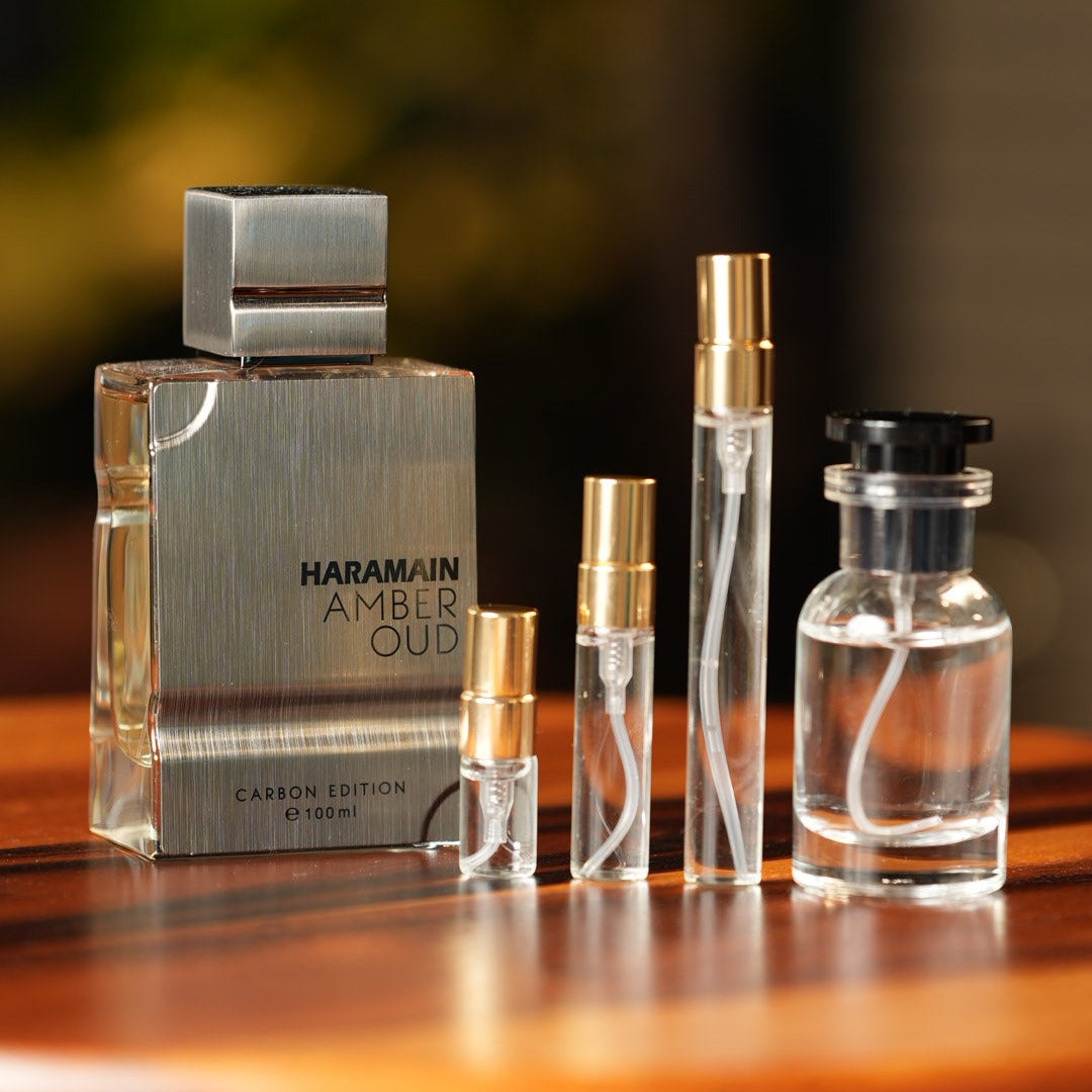 al-haramain-amber-oud-carbon-edition decant bottle and vials