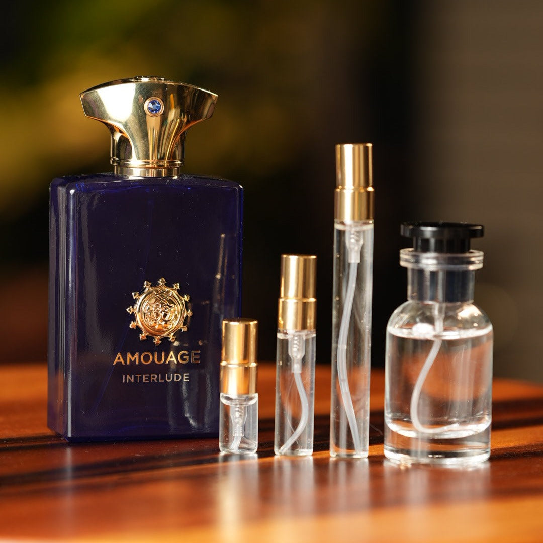 amouage-interlude-man decant bottle and vials