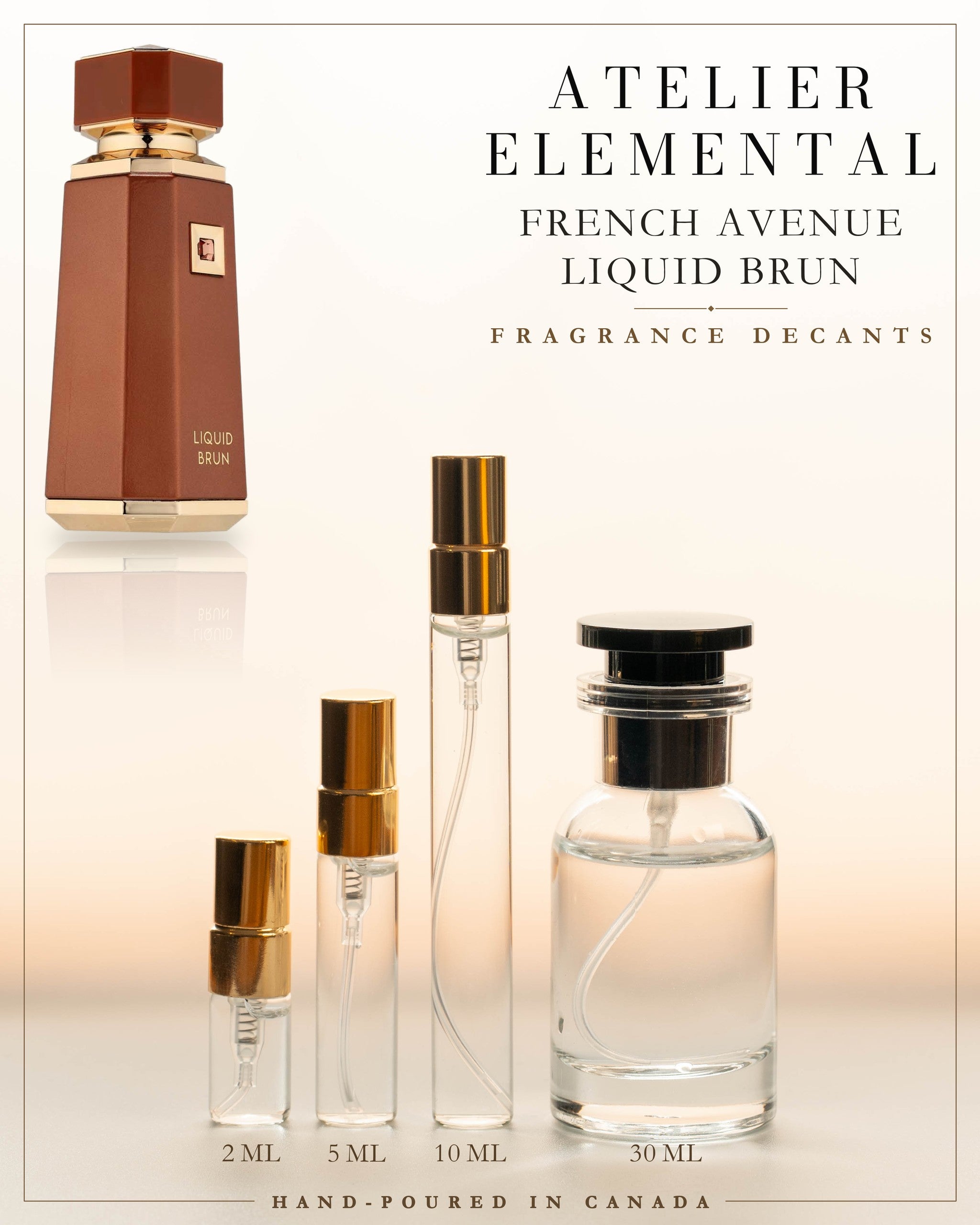 Atelier Elemental decant card - French Avenue Liquid Brun Edp in 2ml 5ml 10ml 30ml sizes