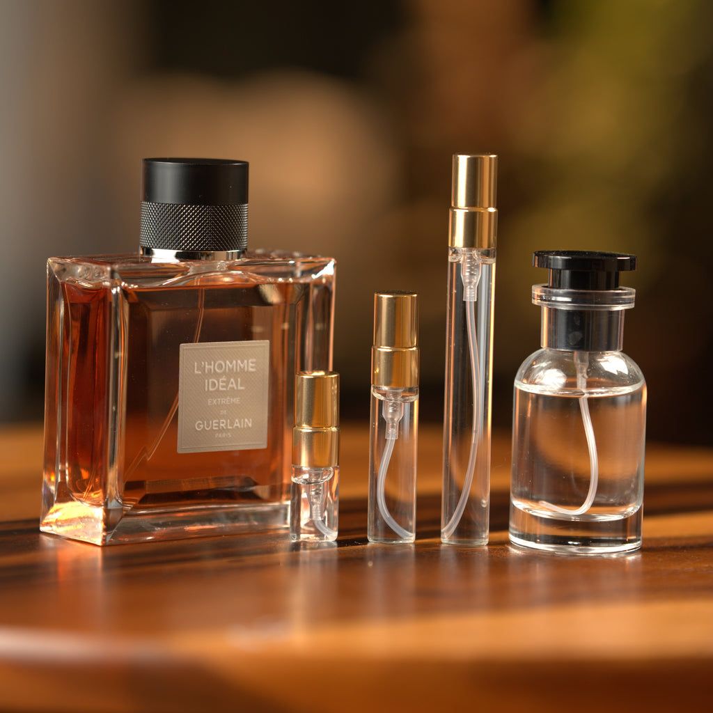 Guerlain L'Homme Ideal Extreme bottle with Atelier Elemental decant vials