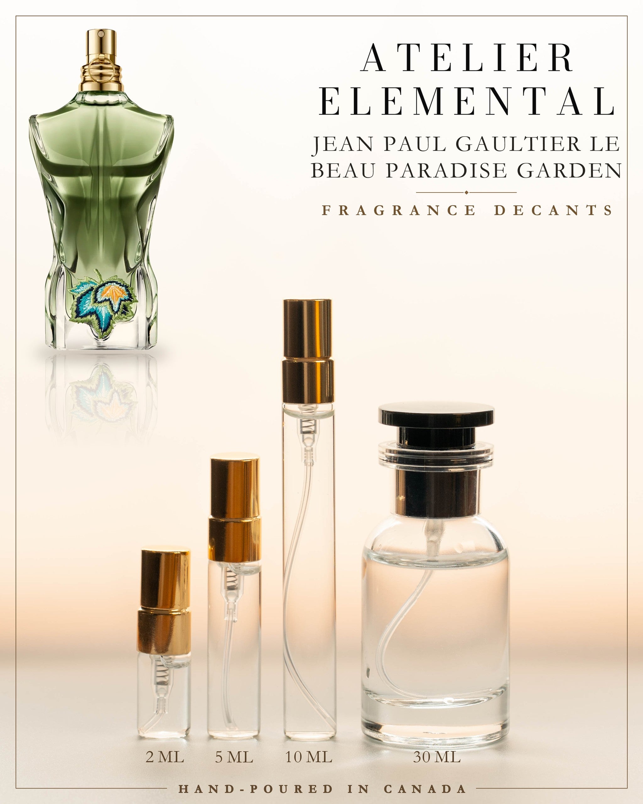 Atelier Elemental decant card - Jean Paul Gaultier Le Beau Paradise Garden in 2ml 5ml 10ml 30ml sizes