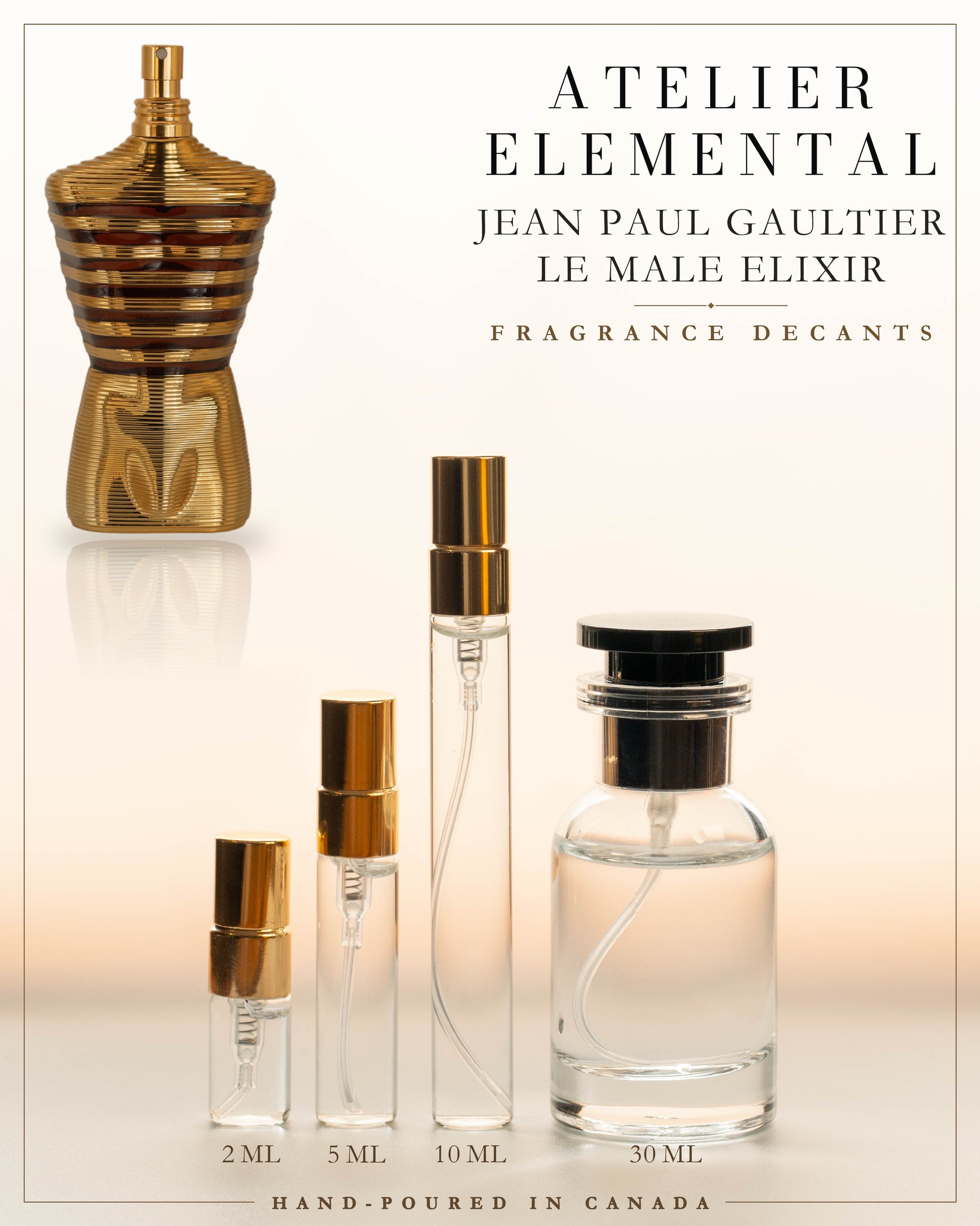 Atelier Elemental decant card - Jean Paul Gaultier Le Male Elixir in 2ml 5ml 10ml 30ml sizes