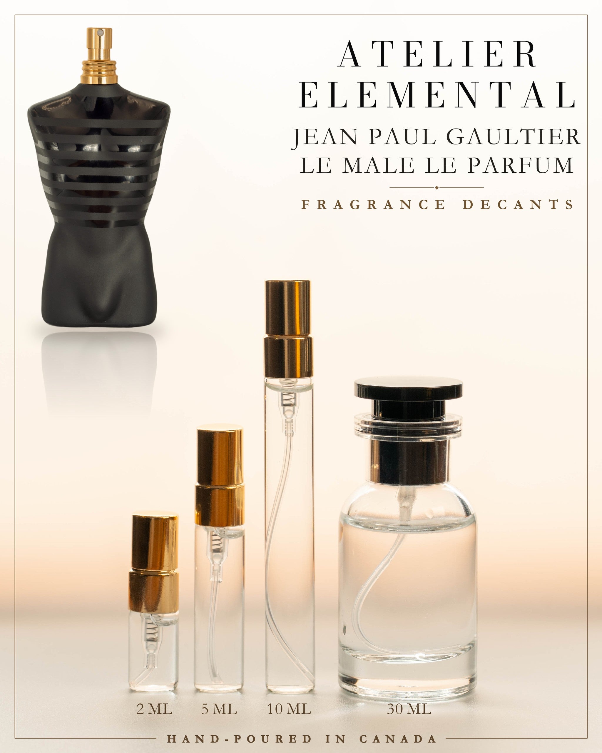 Atelier Elemental decant card - Jean Paul Gaultier Le Male Le Parfum in 2ml 5ml 10ml 30ml sizes