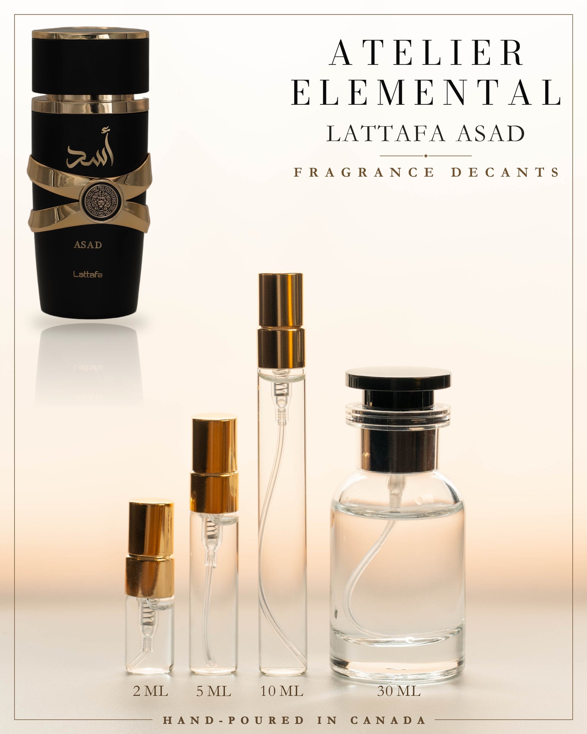 Atelier Elemental decant card - Lattafa Asad Edp in 2ml 5ml 10ml 30ml sizes