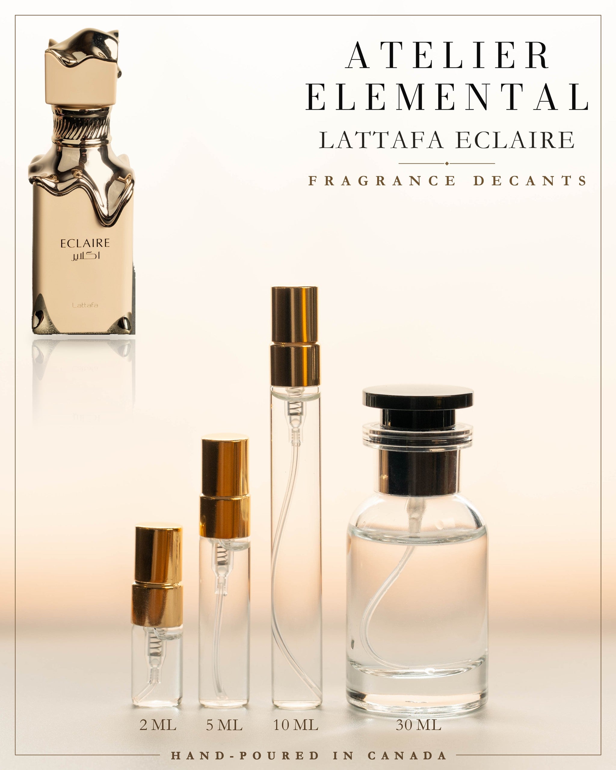 Atelier Elemental decant card - Lattafa Eclaire Edp in 2ml 5ml 10ml 30ml sizes