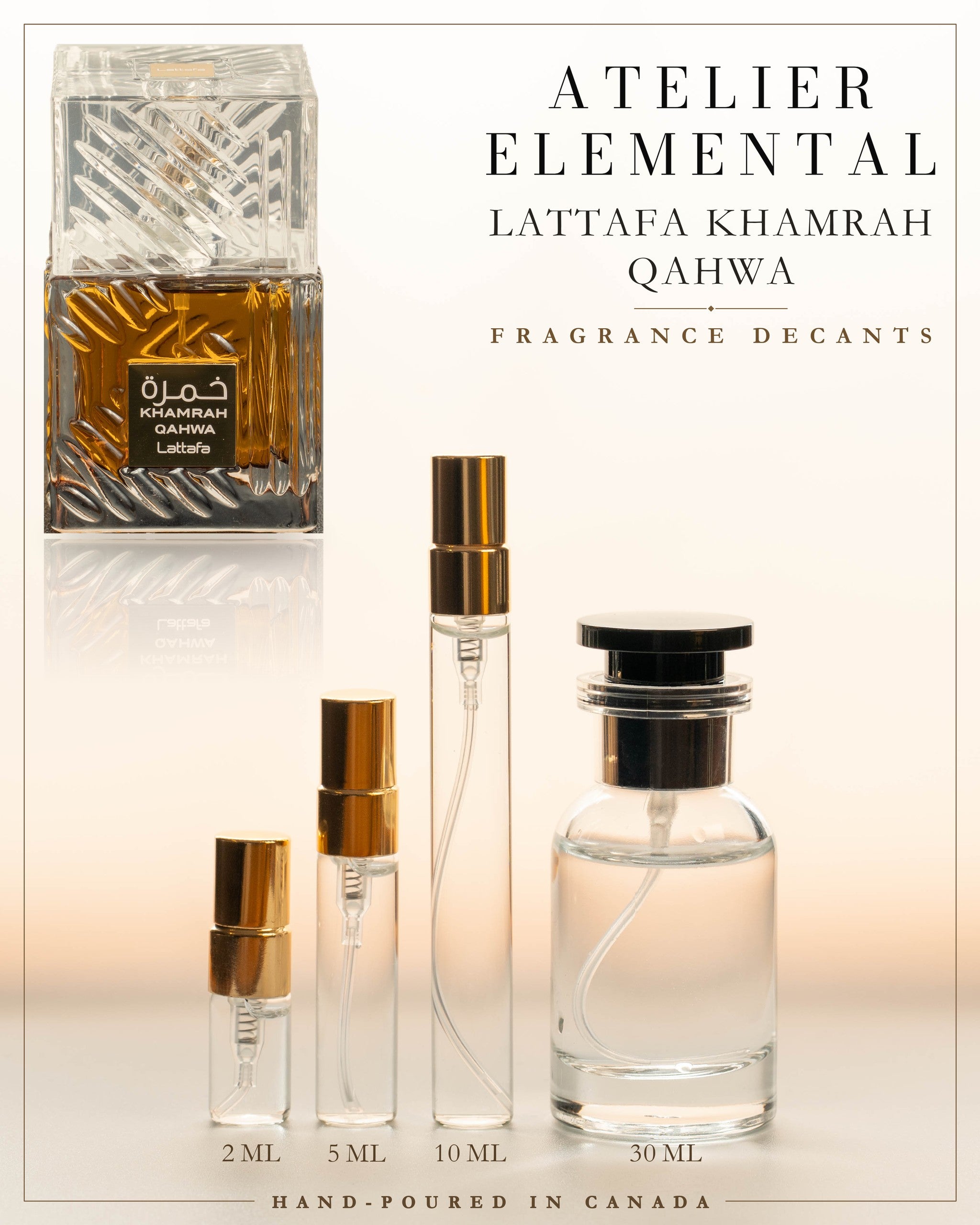Atelier Elemental decant card - Lattafa Khamrah Qahwa Edp in 2ml 5ml 10ml 30ml sizes