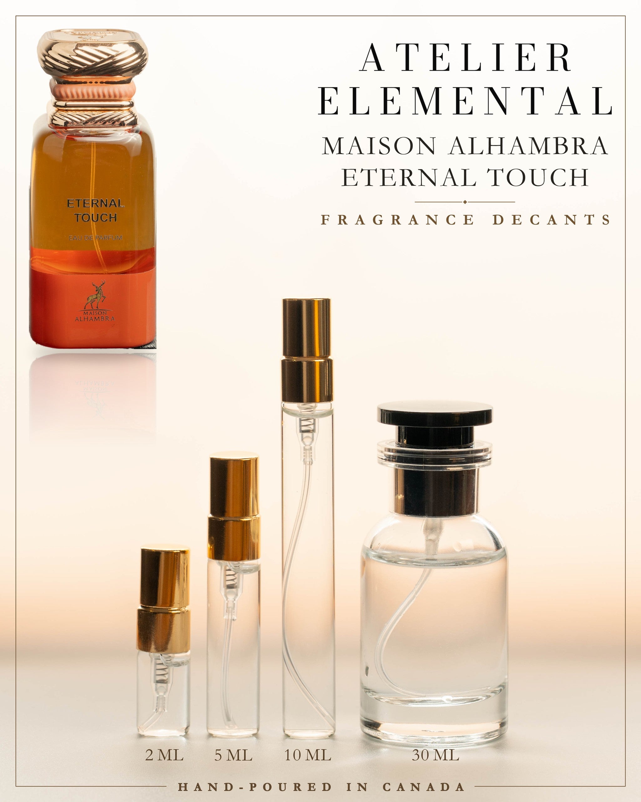 Atelier Elemental decant card - Maison Alhambra Eternal Touch Edp in 2ml 5ml 10ml 30ml sizes