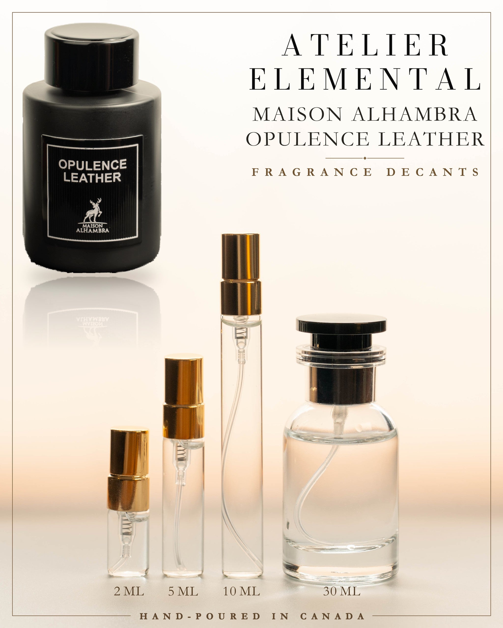 Atelier Elemental decant card - Maison Alhambra Opulence Leather Edp in 2ml 5ml 10ml 30ml sizes