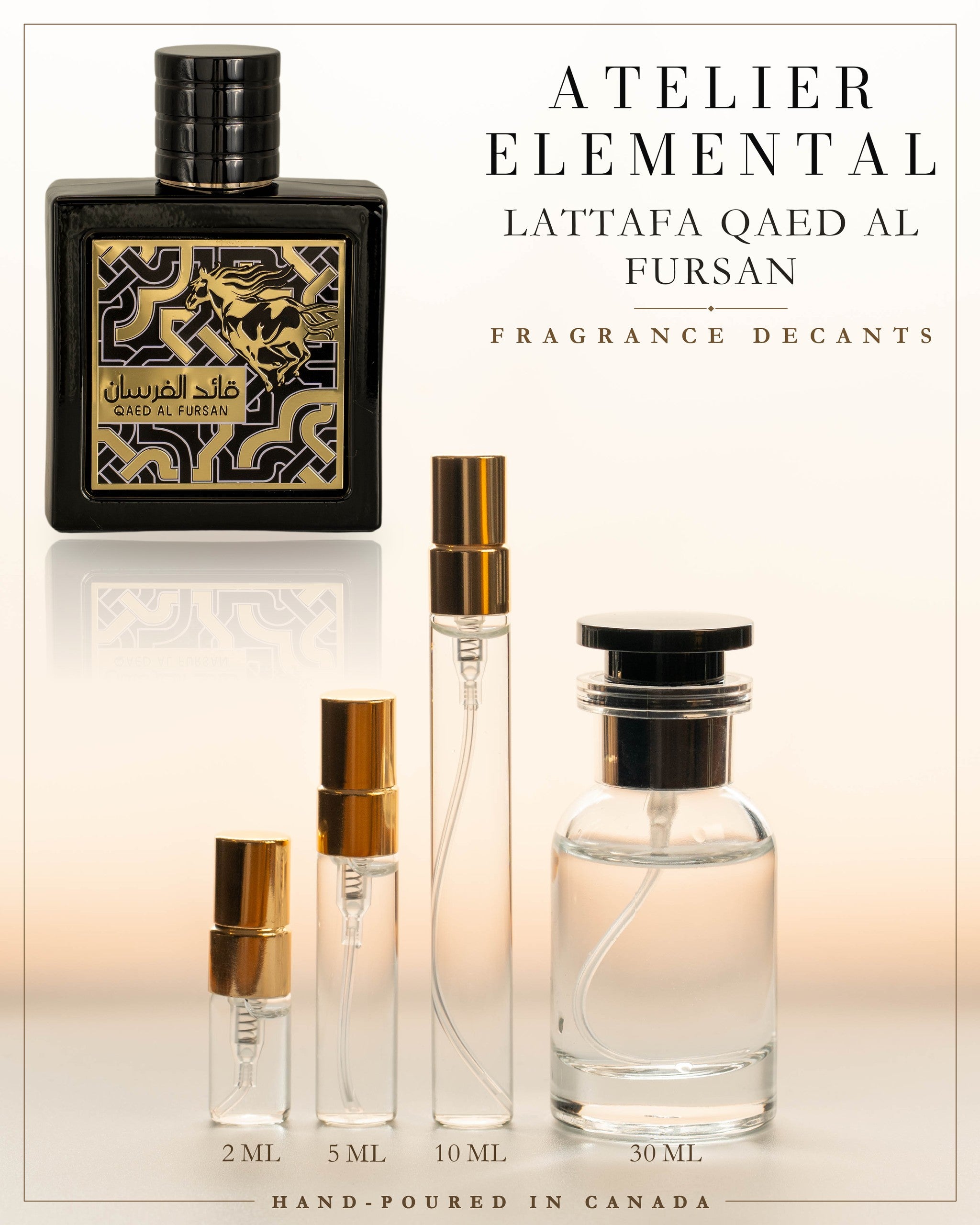 Atelier Elemental decant card - Lattafa Qaed Al Fursan Edp in 2ml 5ml 10ml 30ml sizes