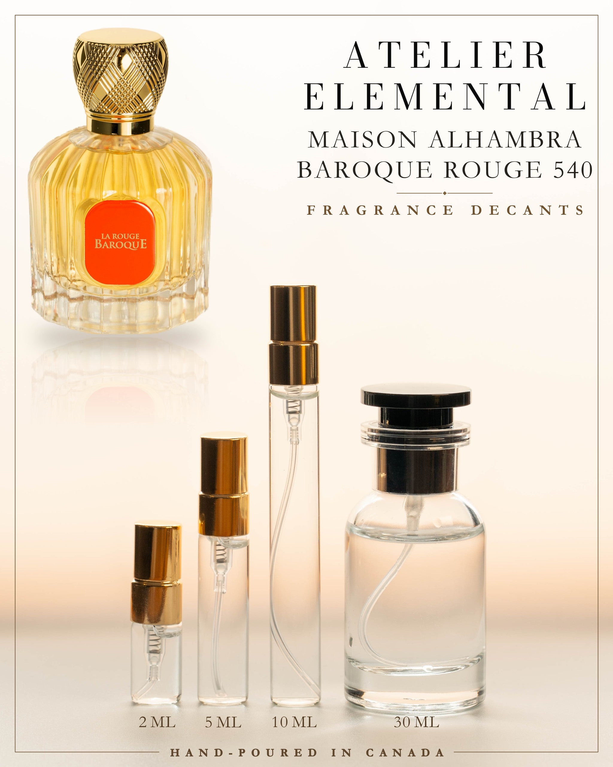 Atelier Elemental decant card - Maison Alhambra Baroque Rouge 540 in 2ml 5ml 10ml 30ml sizes