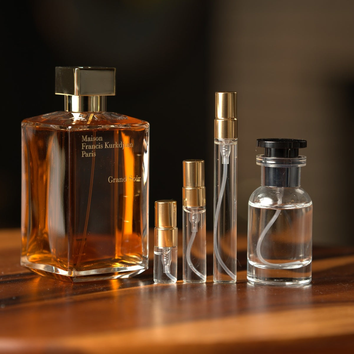 Maison Francis Kurkdjian Grand Soir bottle with Atelier Elemental decant vials
