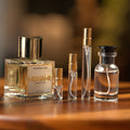 Nishane Wulóng Chá extrait de parfum beside Atelier Elemental decant vials in 2 ml, 5 ml, 10 ml and 30 ml sizes