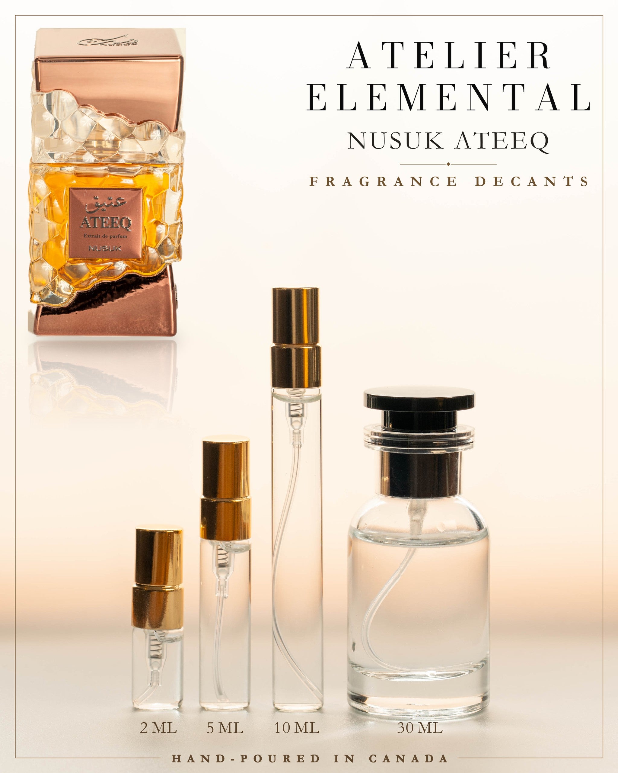 Atelier Elemental decant card - Nusuk Ateeq in 2ml 5ml 10ml 30ml sizes