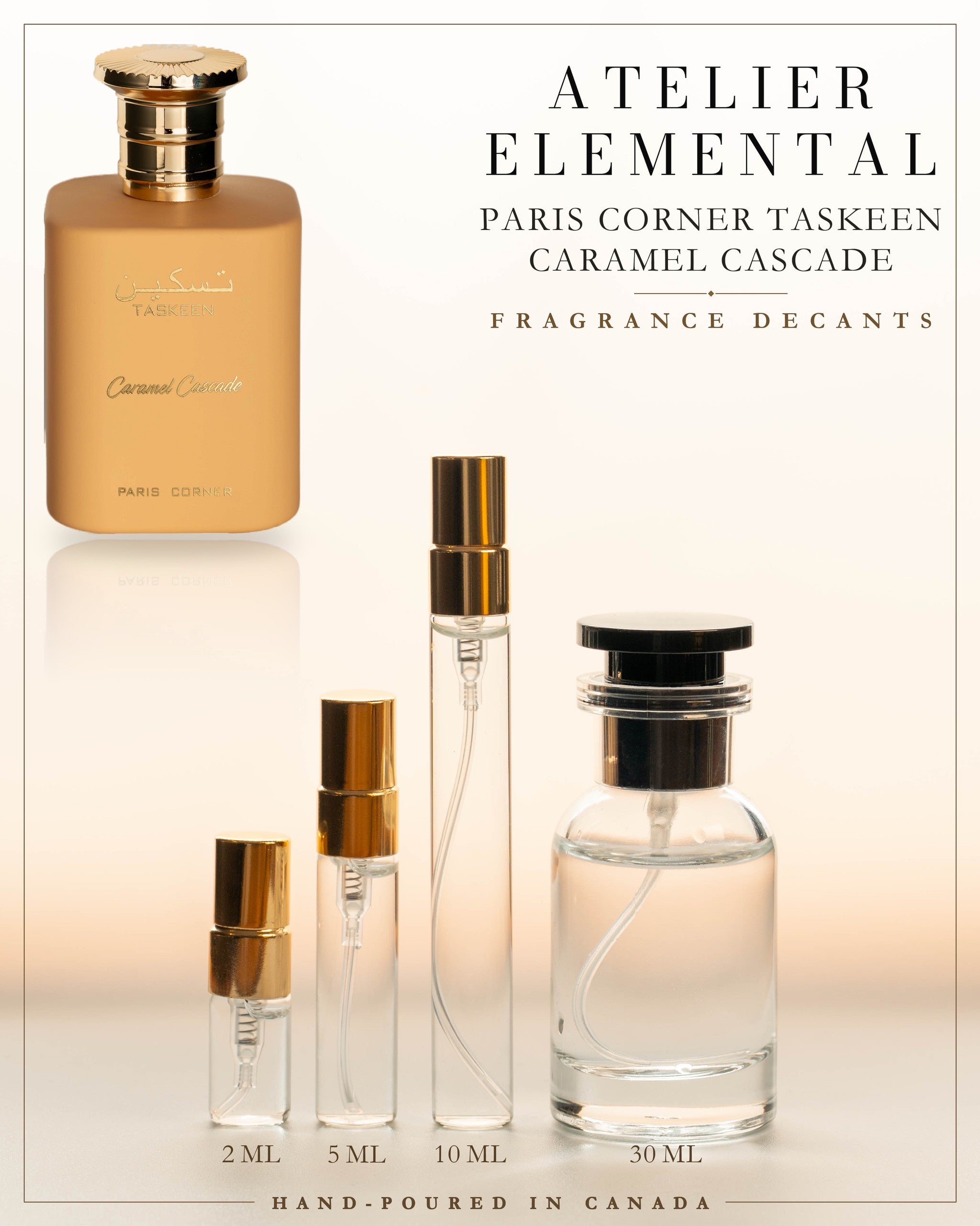 Atelier Elemental decant card - Paris Corner Taskeen Caramel Cascade in 2ml 5ml 10ml 30ml sizes
