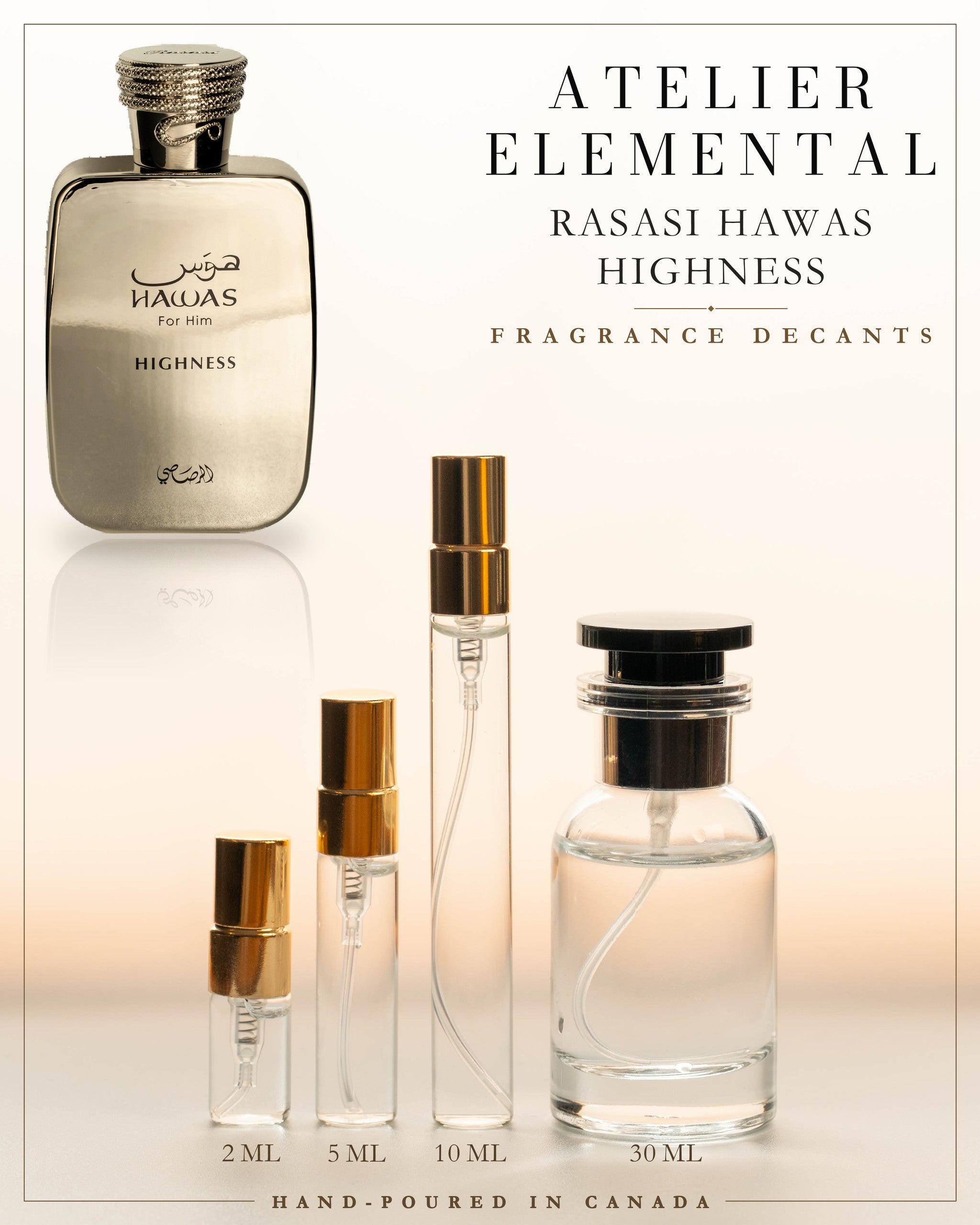 Atelier Elemental decant card - Rasasi Hawas Highness in 2ml 5ml 10ml 30ml sizes