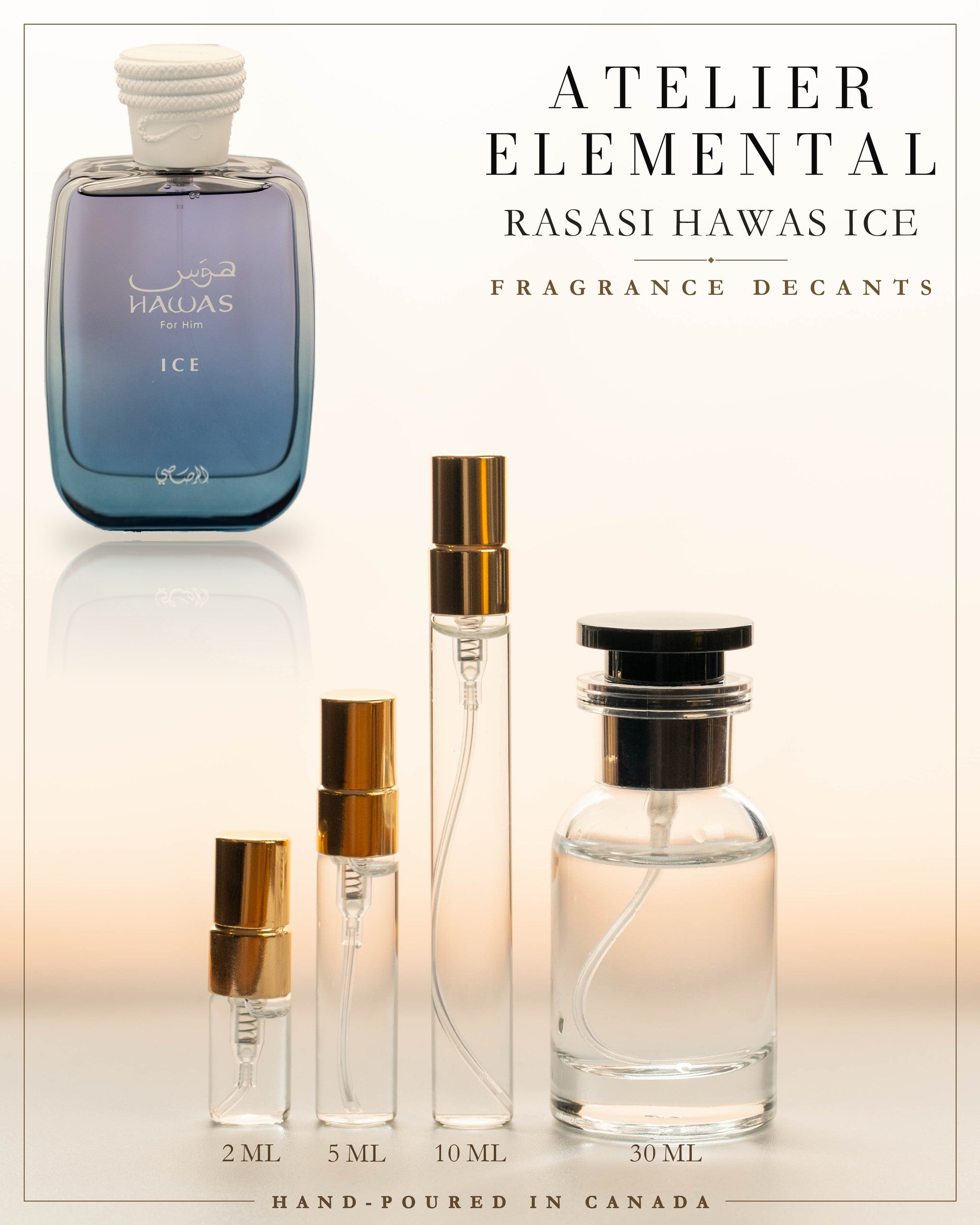 Atelier Elemental decant card - Rasasi Hawas Ice Edp in 2ml 5ml 10ml 30ml sizes