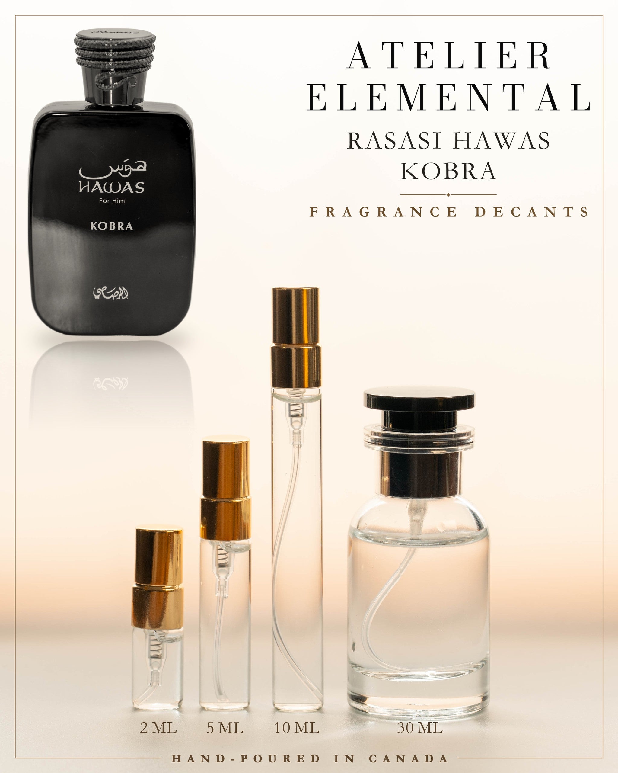 Atelier Elemental decant card - Rasasi Hawas Kobra Edp in 2ml 5ml 10ml 30ml sizes