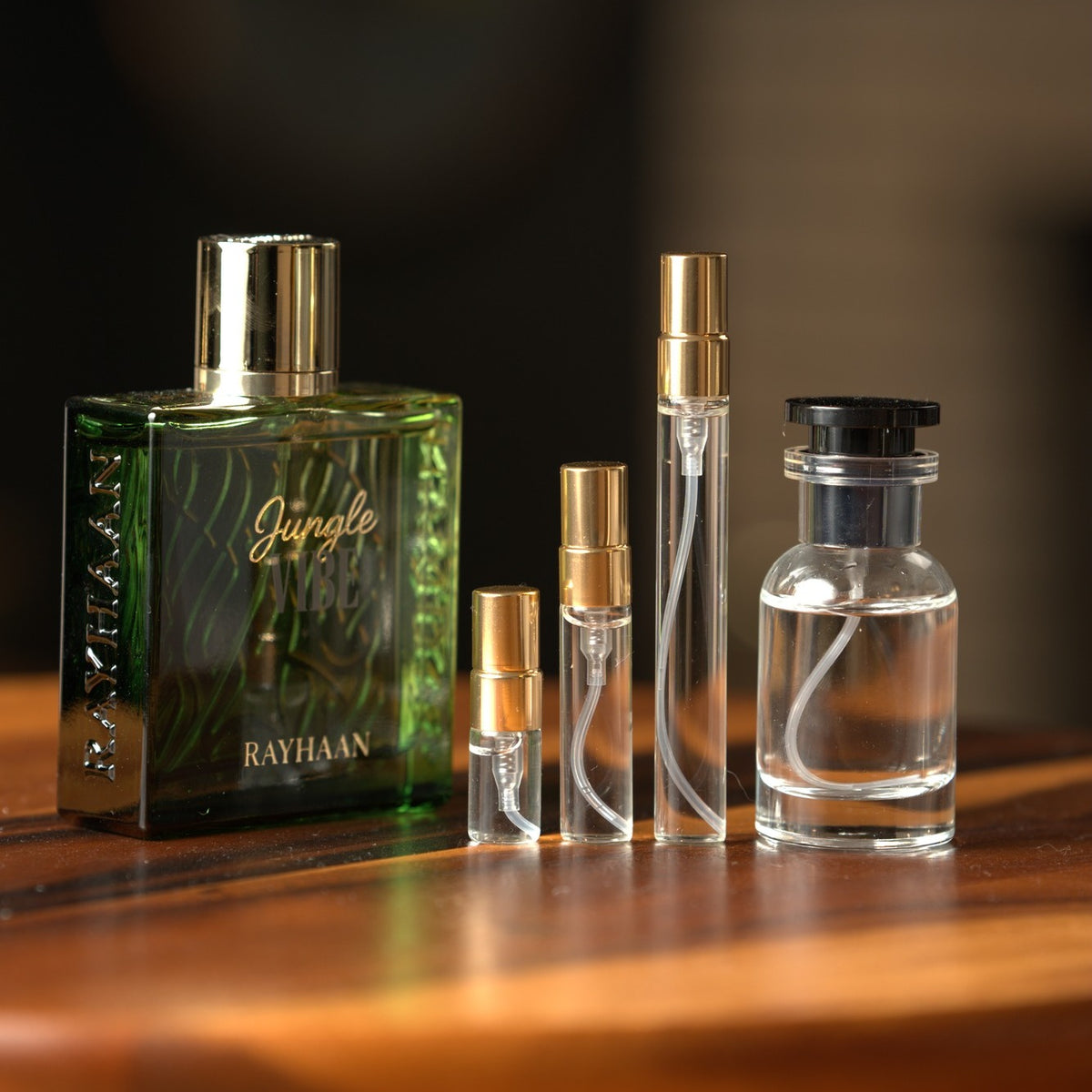 Rayhaan Jungle Vibe bottle with Atelier Elemental decant vials