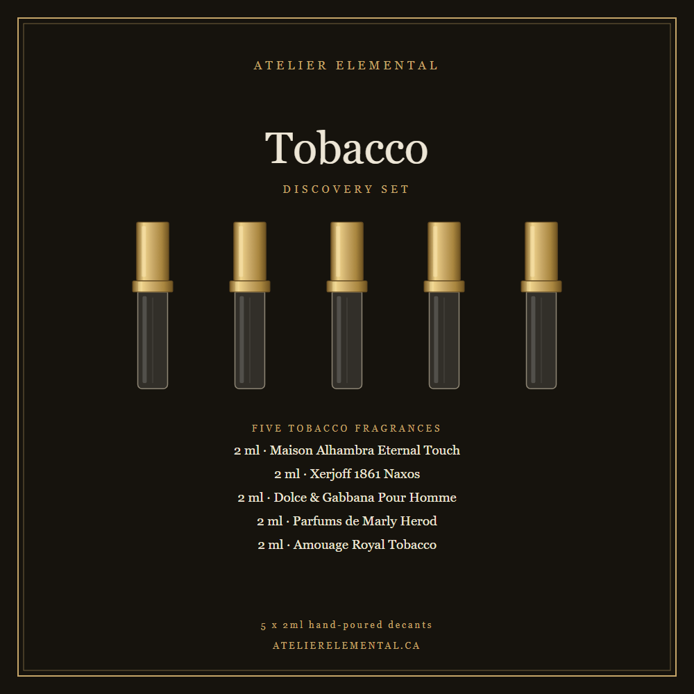 Tobacco Discovery Set card: Maison Alhambra Eternal Touch, Xerjoff 1861 Naxos, Dolce & Gabbana Pour Homme, Parfums de Marly Herod, and Amouage Opus XIV Royal Tobacco, 2ml each