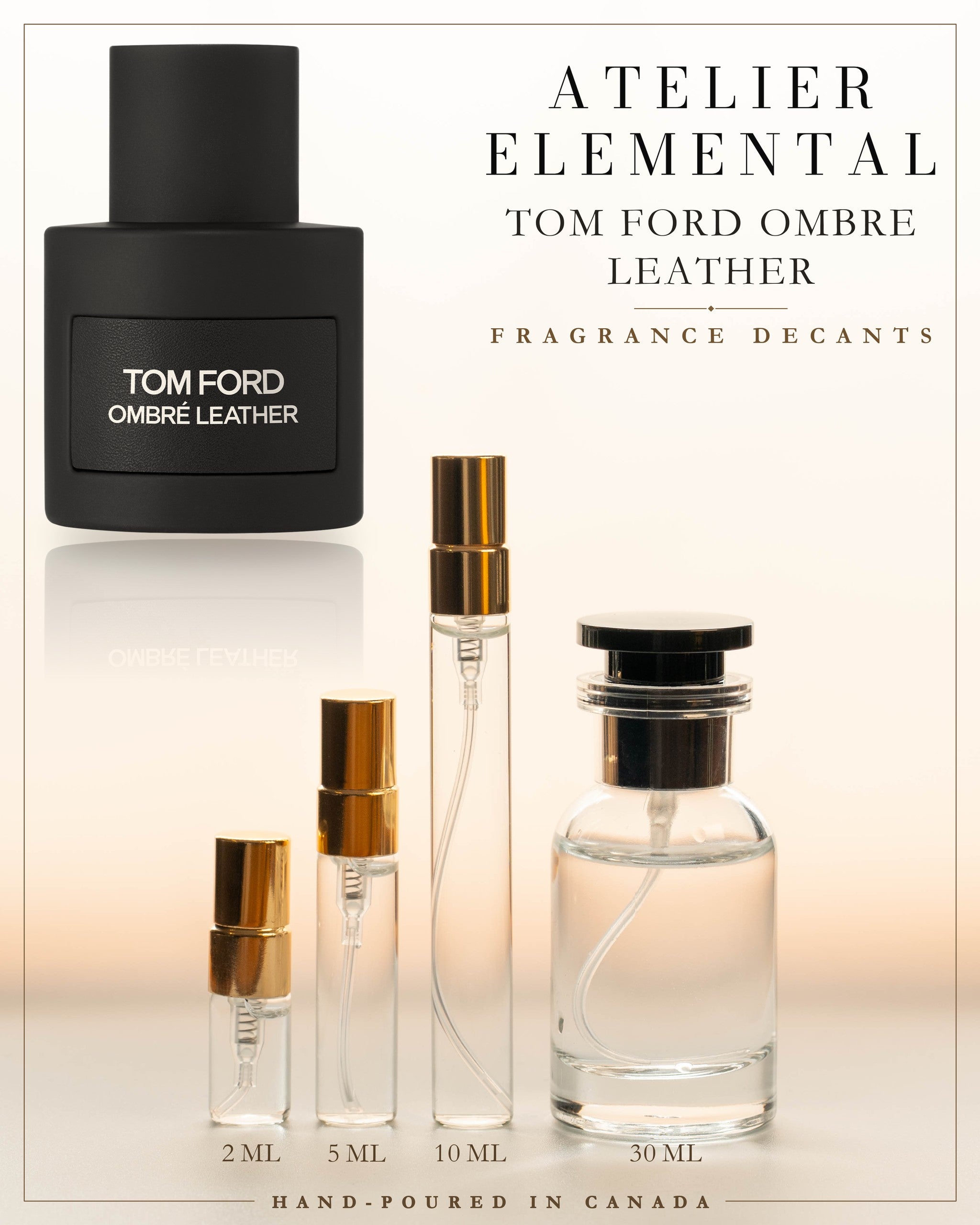 Atelier Elemental decant card - Tom Ford Ombre Leather Edp in 2ml 5ml 10ml 30ml sizes