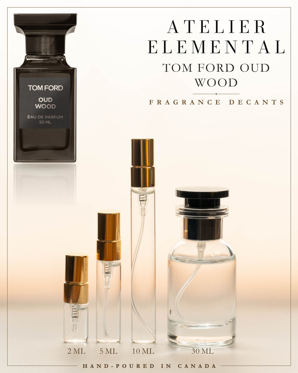 Atelier Elemental decant card - Tom Ford Oud Wood Edp in 2ml 5ml 10ml 30ml sizes