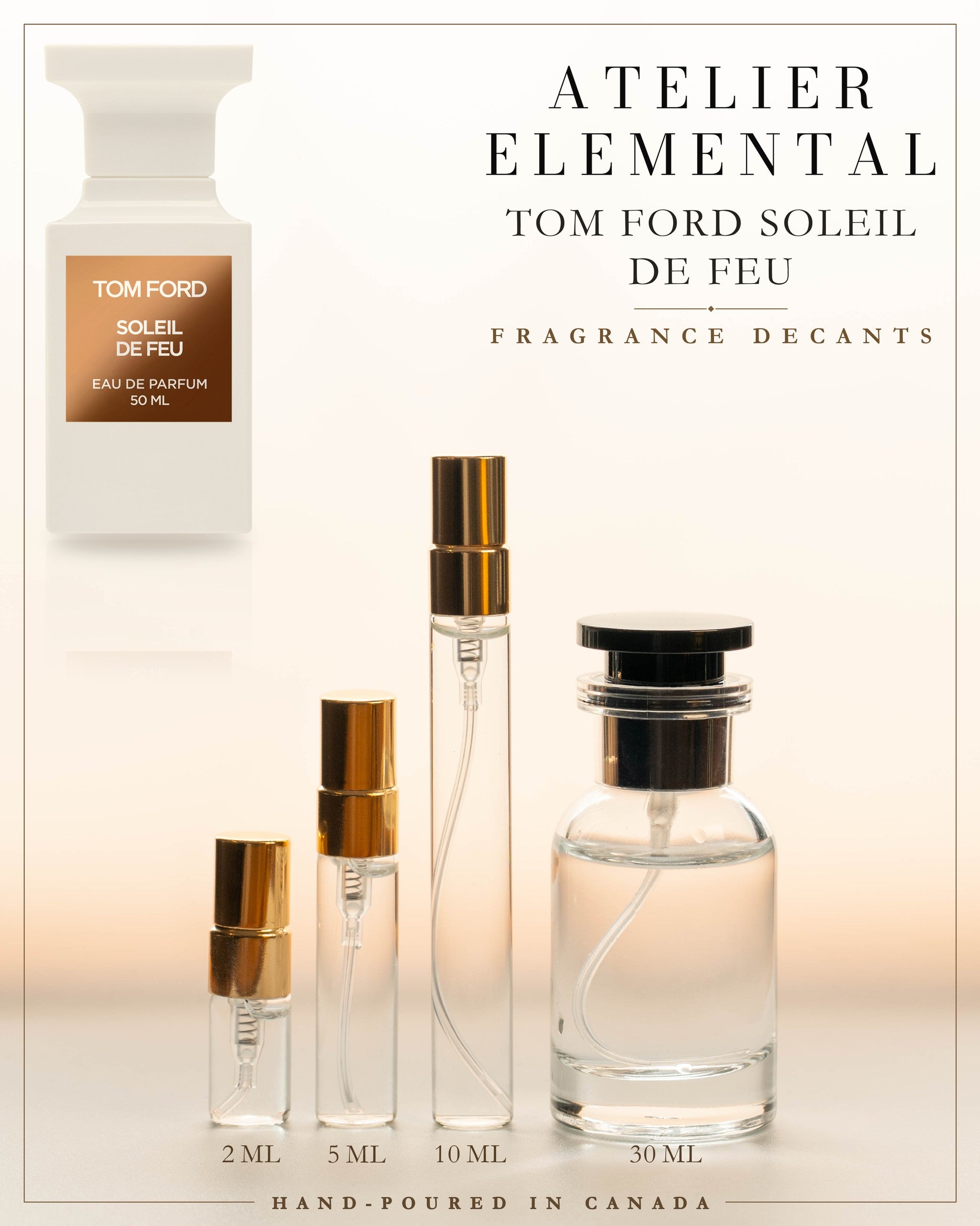 Atelier Elemental decant card - Tom Ford Soleil De Feu in 2ml 5ml 10ml 30ml sizes